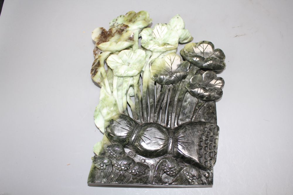 A Chinese carved jadeite group of a leaping carp and lotus flowers, height 30cm